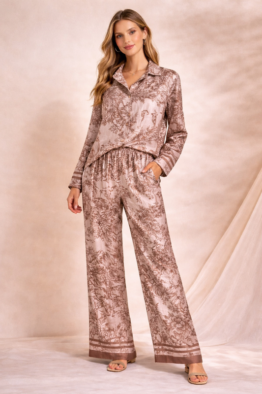 Chérie Beige Tropical satin Set