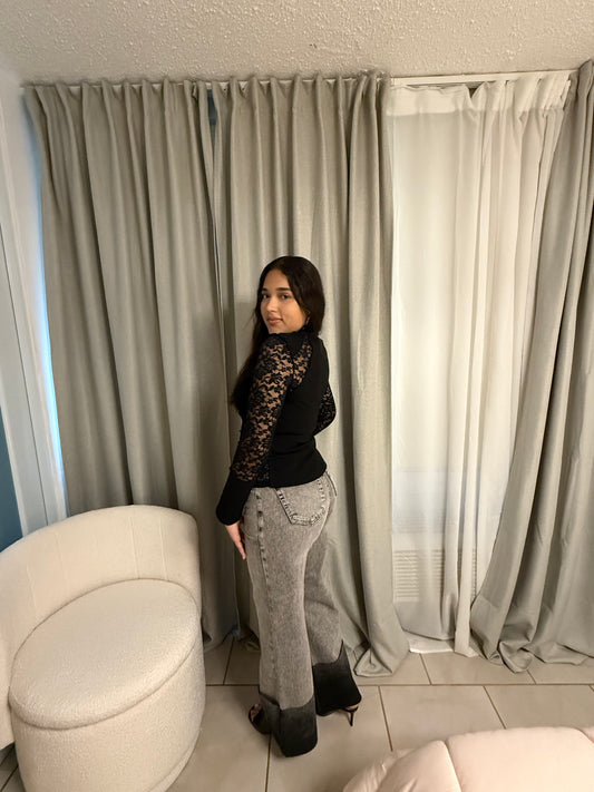 Lace Knit Long Sleeve Top – Black