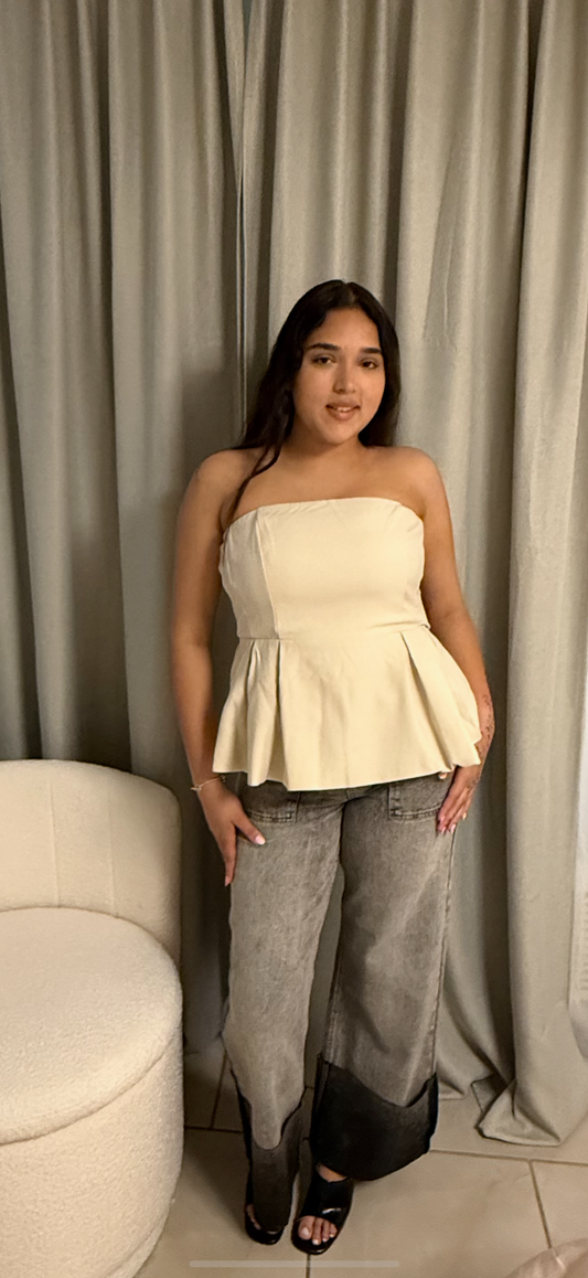 Sculpted Peplum Strapless Top – Beige